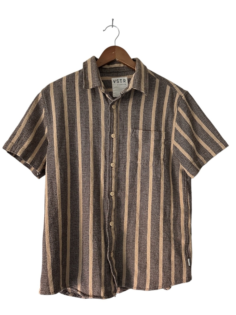 VSTR Premium L Brown & Tan Cream Woven Cotton Striped Button Short Sleeve Shirt